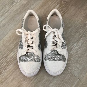 Tory Burch Silver Glitter Skater Sneakers